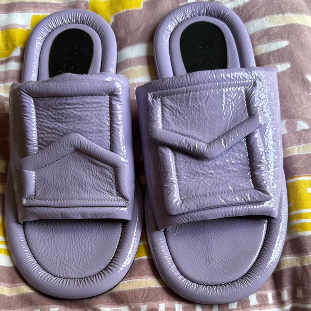 Tibi Beyren slides in lavender patent leather, size 40, EUC $125